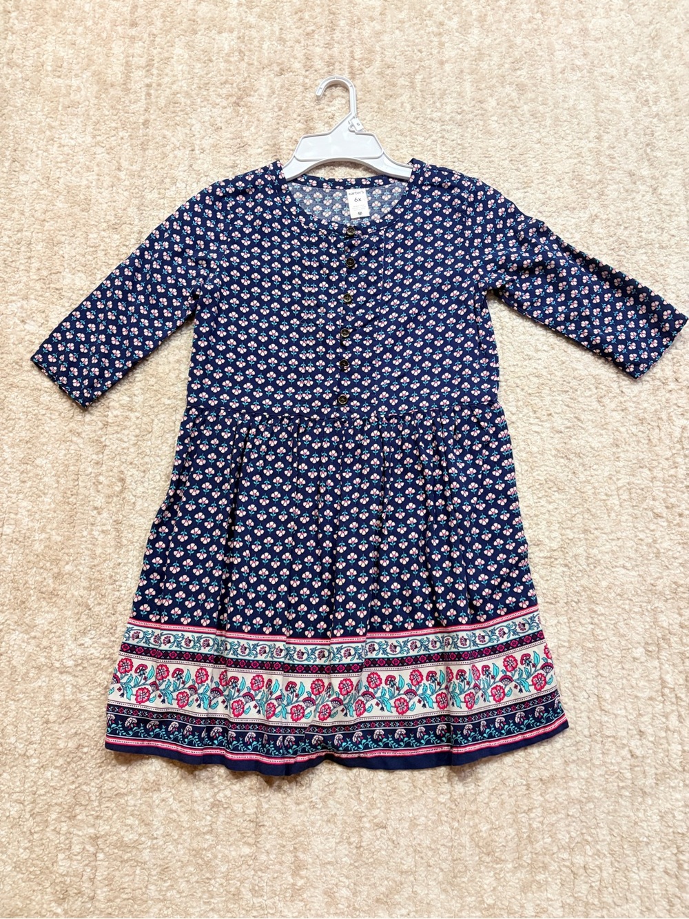 Girls Carters Navy Floral Border-Print Dress 3/4 Sleeves